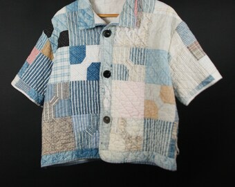 Camisa de patchwork hecha a mano con patchwork reciclado, corta, de algodón, con botones, talla M/L