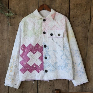 Handmade Antique Quilt Coat: Embroidered Friendship Patchwork, Cropped Jacket