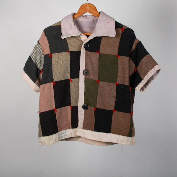 One of a kind Bode Wool Feedsack Handmade Boxy Mechanic Cropped Patchwork Upcycled Boxy Quilt Camp Collar Button Up Patchwork OOAK