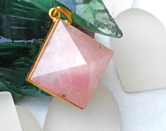 Handmade Rose Quartz Pyramid Pendant, Gold Plated Brass