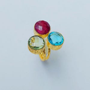 Handmade Sea Glass Ring / Sea Glass Gold Jewelry / Triple Gemstone Ring / Beautiful Ring / Ocean Jewelry For Women / Christmas Gift For Her