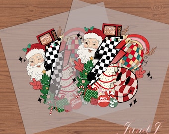May include: A Christmas-themed iron-on transfer featuring a cartoon Santa Claus with a checkered background, a Christmas tree, a candy cane, and the text "Home Alone".