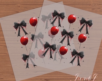 May include: Two sheets of clear transfer paper with red balloons and black bows printed on them. The balloons have black strings and the bows have black ribbons.