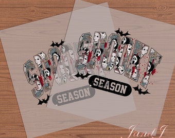 May include: A white iron-on transfer sheet with a graphic design of the word "SPOOKY" in black letters with a red blood splatter effect. The letters are made up of various horror movie character masks. The text "SEASON" is printed in black below the word "SPOOKY".