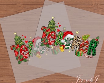 May include: A Christmas-themed iron-on transfer design featuring the word "Teacher" in festive plaid, leopard print, and green and red plaid patterns. The design includes Christmas trees, presents, candy canes, and bells.
