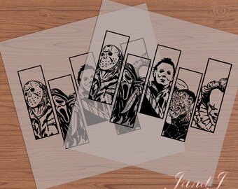 May include: Black and white silhouette images of horror movie characters, including Jason Voorhees, Ghostface, Michael Myers, and Freddy Krueger. The images are arranged in a row, with each character's face visible.
