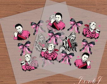 May include: A sheet of clear vinyl with pink and black horror movie character decals. The decals feature characters from the movies Friday the 13th and Scream. The characters are holding knives and wearing masks. The decals are surrounded by pink bows with black ribbons.