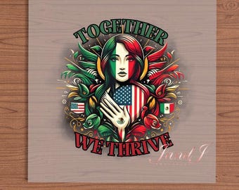 May include: A colorful illustration of a woman with red hair and green eyes holding a heart-shaped shield with the American and Mexican flags. The text "Together We Thrive" is written around the image.