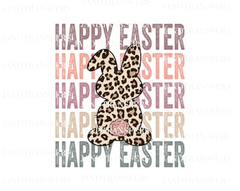 May include: Happy Easter text in pink, orange, brown, and gray with a leopard print bunny in the center. The bunny has a pink glitter tail.