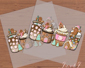 Op de afbeelding: Een set van zes digitale clipart-afbeeldingen met gingerbreadmen, huizen en mokken met warme chocolademelk met candy cane-accenten. De afbeeldingen zijn in een grillige cartoon-stijl met pastelkleuren en een feestelijk kerstthema.