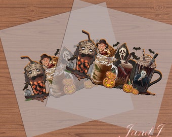 May include: Halloween-themed graphic featuring various horror movie characters, including Michael Myers, Freddy Krueger, and Ghostface, depicted as iced coffee drinks. The graphic also includes pumpkins and bats.