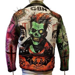 Vintage Leather Spiked Hand Painted Zombie Punk Rock Jacket Bespoke Painted All Sizes #01