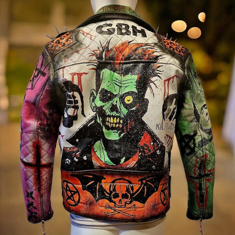 Vintage Leather Spiked Hand Painted Zombie Punk Rock Jacket Bespoke ...