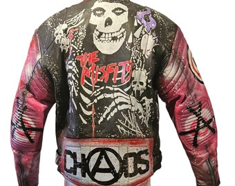 Awesome Vintage leather punk rock motorbike motorcycle jacket studded, painted with chains and patches All Sizes Available. Made In The UK.