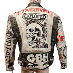 Awesome Vintage leather punk rock motorbike motorcycle jacket studded, painted with chains and patches All Sizes Available. Made In The UK.