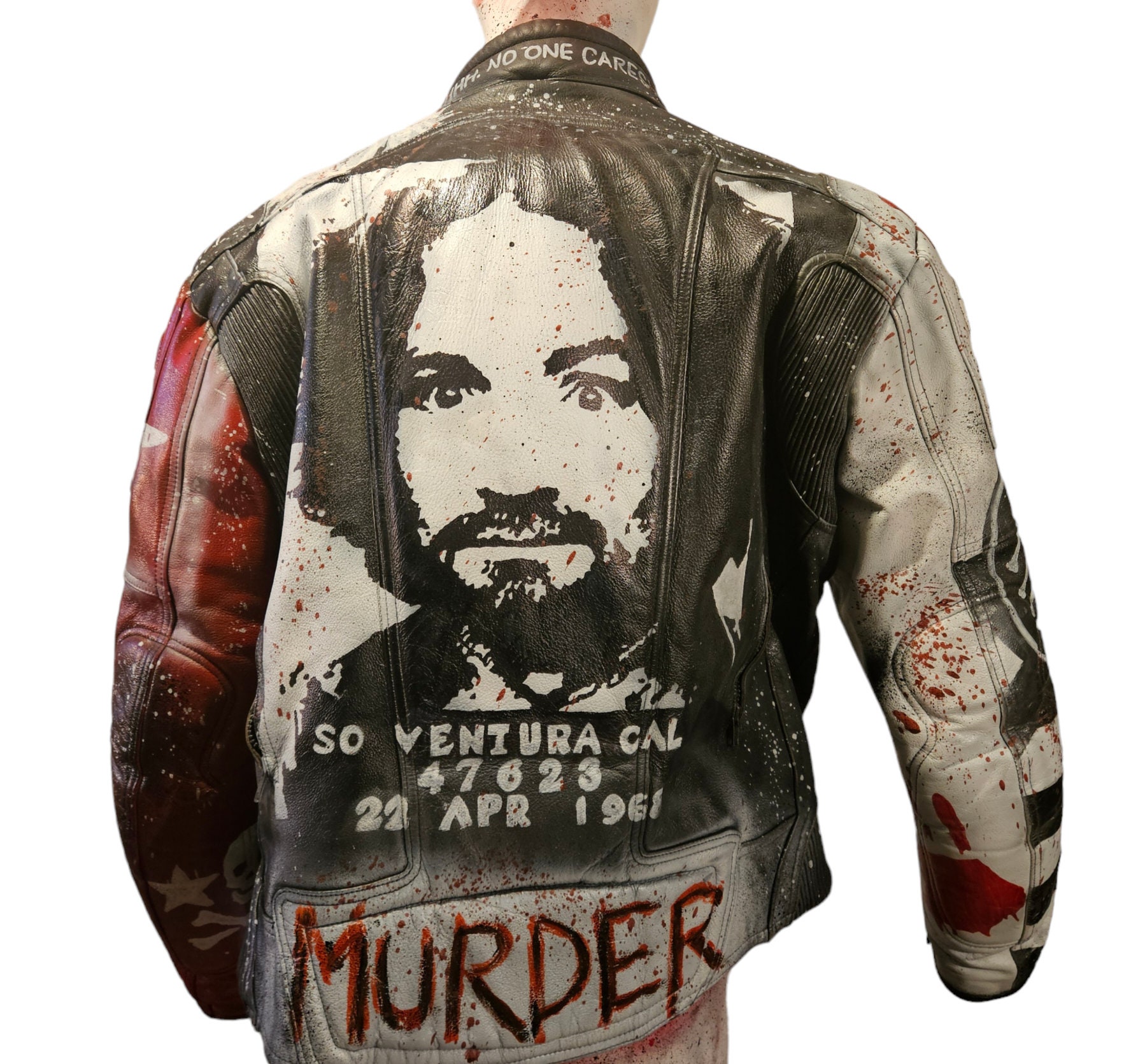 Awesome Vintage leather punk rock motorbike motorcycle jacket studded, painted with chains and patches All Sizes Available. Made In The UK.