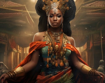 May include: A woman wearing a gold crown and a long, flowing orange and gold robe. She is adorned with intricate jewelry, including a large necklace with multiple strands of beads and pendants. The woman has dark hair and dark eyes, and she is looking directly at the camera.