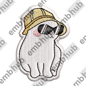 May include: White embroidered patch of a cat wearing a yellow sun hat and black sunglasses.