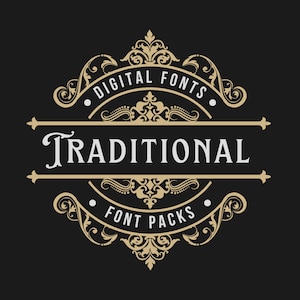 May include: A gold and white logo with ornate flourishes. The text reads "Digital Fonts - Traditional Font Packs".