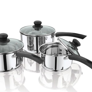 May include: A set of three stainless steel saucepans with glass lids and black handles. The saucepans are nested together.