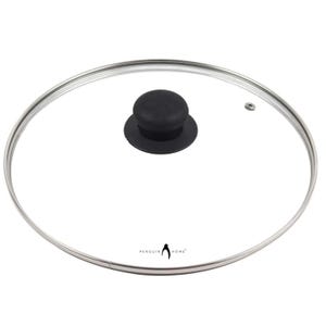 May include: A clear glass lid with a black silicone knob. The lid has a silver rim and the words "Penguin Home" printed on the bottom.