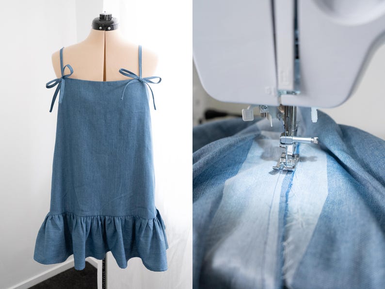 K&ouml;nnte beinhalten: Ein blaues Jeanskleid mit verstellbaren Tr&auml;gern und einem R&uuml;schen-Saum. Das Kleid wird auf einer N&auml;hmaschine gen&auml;ht.