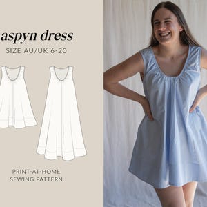 Könnte beinhalten: Ein hellblaues ärmelloses Kleid mit rundem Ausschnitt. Das Kleid wird an einer Person und als Schnittmuster gezeigt. Der Text "aspyn dress" und "SIZE AU/UK 6-20" sind zu sehen. Die Worte "PRINT-AT-HOME SEWING PATTERN" sind ebenfalls sichtbar.
