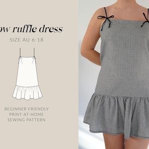 Vestido curto com babados e laço | Molde de costura para iniciantes | Tamanhos australianos 6-18