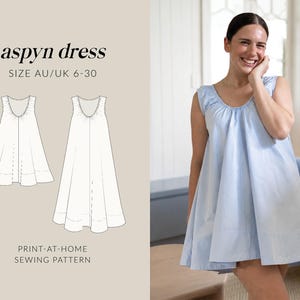May include: A light blue sleeveless dress with a gathered scoop neckline and a flared silhouette. The image includes a technical line drawing of the dress and the text "aspyn dress" and "SIZE AU/UK 6-30" and "PRINT-AT-HOME SEWING PATTERN".