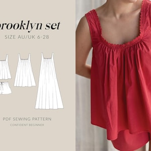 Könnte beinhalten: Ein rotes ärmelloses Oberteil mit gerafftem Ausschnitt und Bogenkante, kombiniert mit passenden Shorts. Das Bild enthält den Text brooklyn set, SIZE AU/UK 6-28 und PDF SEWING PATTERN sowie Strichzeichnungen des Oberteils und der Shorts.