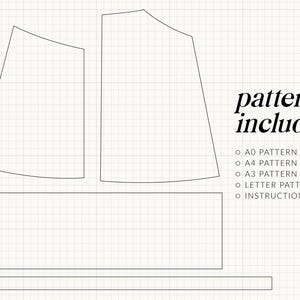 K&ouml;nnte beinhalten: Eine Schwarzwei&szlig;-Zeichnung eines Schnittmusters mit dem Text "pattern includes" und einer Liste der Schnittmustergr&ouml;&szlig;en: AO, A4, A3, Letter und Anleitungen.
