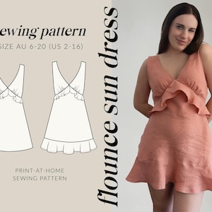 Op de afbeelding: Een perzikkleurige flounce zonnejurk, met een V-hals en ruchedetail, wordt getoond op een vrouw. De afbeelding bevat ook een naaimateriaalillustratie van de jurk, met de tekst "sewing pattern" en "flounce sun dress". Het patroon is maat AU 6-20 (US 2-16).