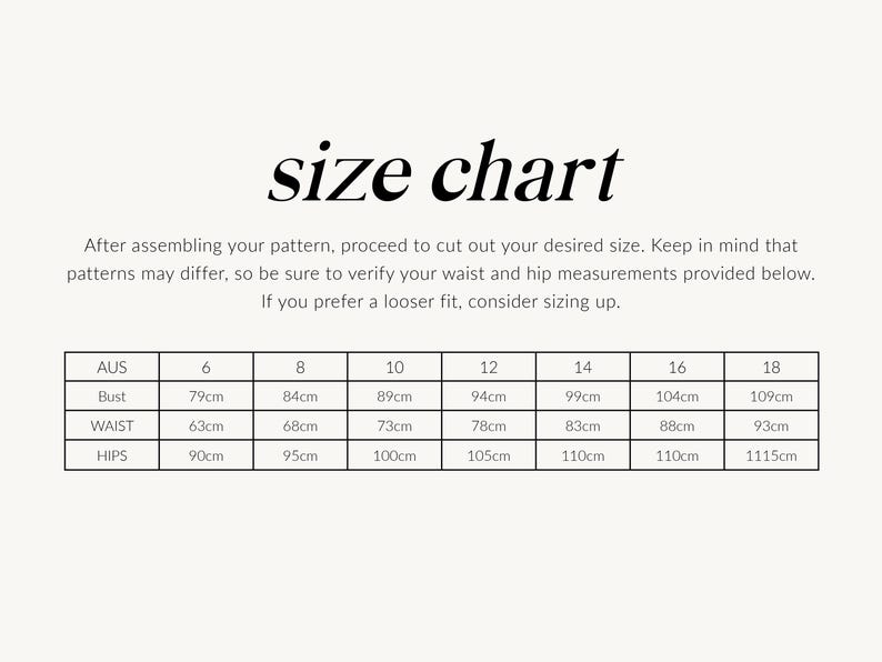 K&ouml;nnte beinhalten: Gr&ouml;&szlig;entabelle f&uuml;r Kleidung mit Ma&szlig;en in Zentimetern f&uuml;r Brust, Taille und H&uuml;fte. Die Tabelle zeigt die Gr&ouml;&szlig;en 6 bis 18.