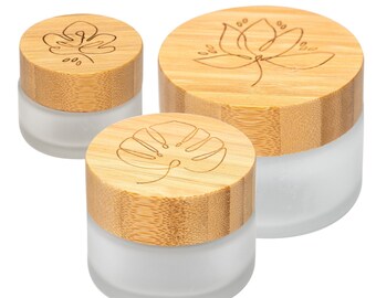 skin:kitchen Glastiegel mit Bambusdeckel & Gravur für selbstgemachte Kosmetik 3er Set 20, 50 & 100g Frosted