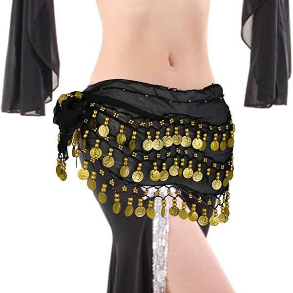 Belly Dance Hip Scarf Belly Dance Skirt Wrap with Bling Gold Sequins Coins Tassel Rave Scarf Belly Dancer Costumes for Women Girl Zumba