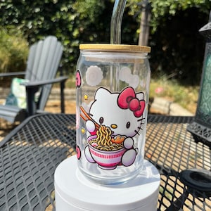 16 oz. Kitty & Ramen Glass Can Cup/Tumbler with bamboo lid and straw | Kitty Lover | ramen lover | Great Gift | Gift for kids.