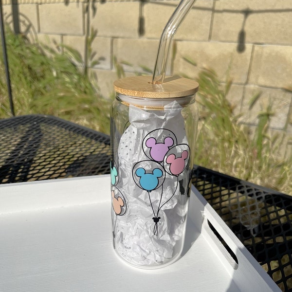 20oz Mouse Balloons - Glass Can Cup/Tumbler with bamboo lid and glass straw, Great Gift for everyone