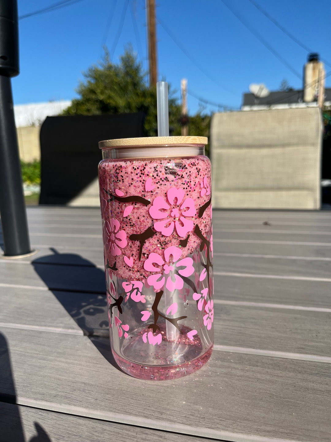 16 Oz. Cherry Blossom Snow Globe Glass Can With Bamboo Lid and Straw Etsy