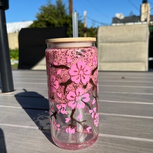 16oz Cherry Blossom / Sakura - Snow Globe Glass Can Double Wall Cup/Tumbler with bamboo lid and straw