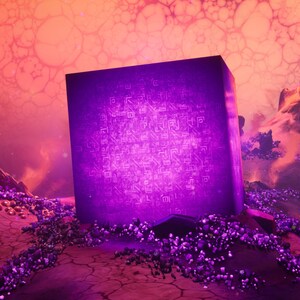 May include: A purple cube with glowing patterns dominates the scene, set against a fiery, otherworldly landscape. The Fortnite logo is in the top left corner, with the Smurf Club logo and text in the top right.