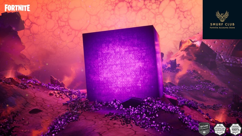May include: A large, glowing purple cube with intricate patterns stands out in a surreal, fiery landscape. The Fortnite logo is visible, along with the Smurf Club logo and text, suggesting a gaming theme.