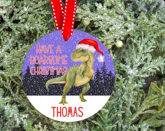 Dinosaur Ornament with Custom Name, Personalised T Rex Christmas Ornament, Dinosaur Christmas Present for Grandson, in the UK