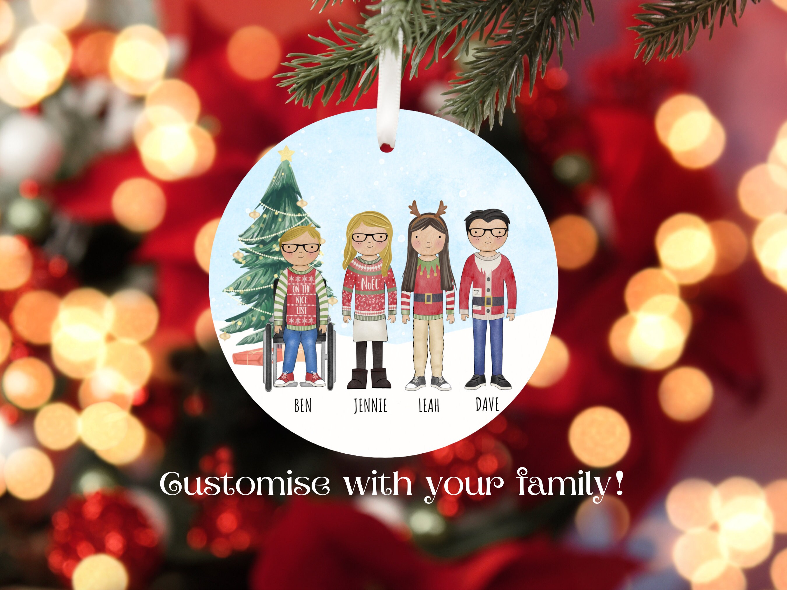 Personalised Family Portrait Ornament +with Wheelchair User, Custom Christmas Decoration with Our Family, Disabled Family Gift, Gay Couple