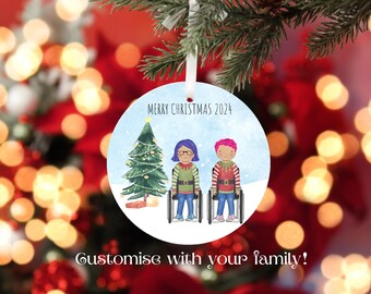 Personalised Family Portrait Ornament with Wheelchair User, Pink Hair, Custom Christmas Decoration with Our Family, Disabled Family Gift