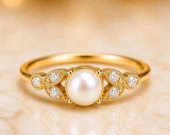 Pearl Ring, Gold Pearl Ring with Moissanite Accents, Freshwater Pearl Jewelry