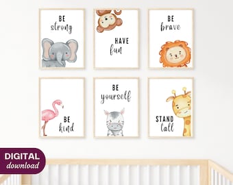 Druckbares Kinderzimmer Dekor, Set von 6, Dschungel Tier Drucke, Baby Tier Kinderzimmer Kunst, Safari Kindergarten Drucke, Gender Neutral Kinderzimmer Wandkunst, PDF
