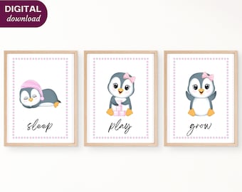 PRINTABLE Nursery Decor, Baby Penguins, Pink, Set of 3 Nursery Art Prints, Cute Penguin Prints, Nursery Wall Art, Baby Room Prints, Download