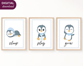 PRINTABLE Nursery Decor, Baby Penguins, Blue, Set of 3 Nursery Art Prints, Cute Penguin Prints, Nursery Wall Art, Baby Room Prints, Download