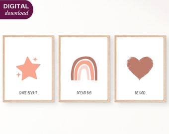PRINTABLE Nursery Decor, Set of 3 Nursery Art Prints, Boho Nursery Wall Art, Baby Room Prints, Shine Bright, Dream Big, Be Kind, Baby Gifts