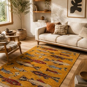 Pode incluir: Um tapete retangular com fundo amarelo mostarda e um padrão repetitivo de peixes estilizados em tons de azul, vermelho, branco e cinza escuro. O tapete apresenta franjas curtas nos dois lados mais curtos e uma superfície texturizada.